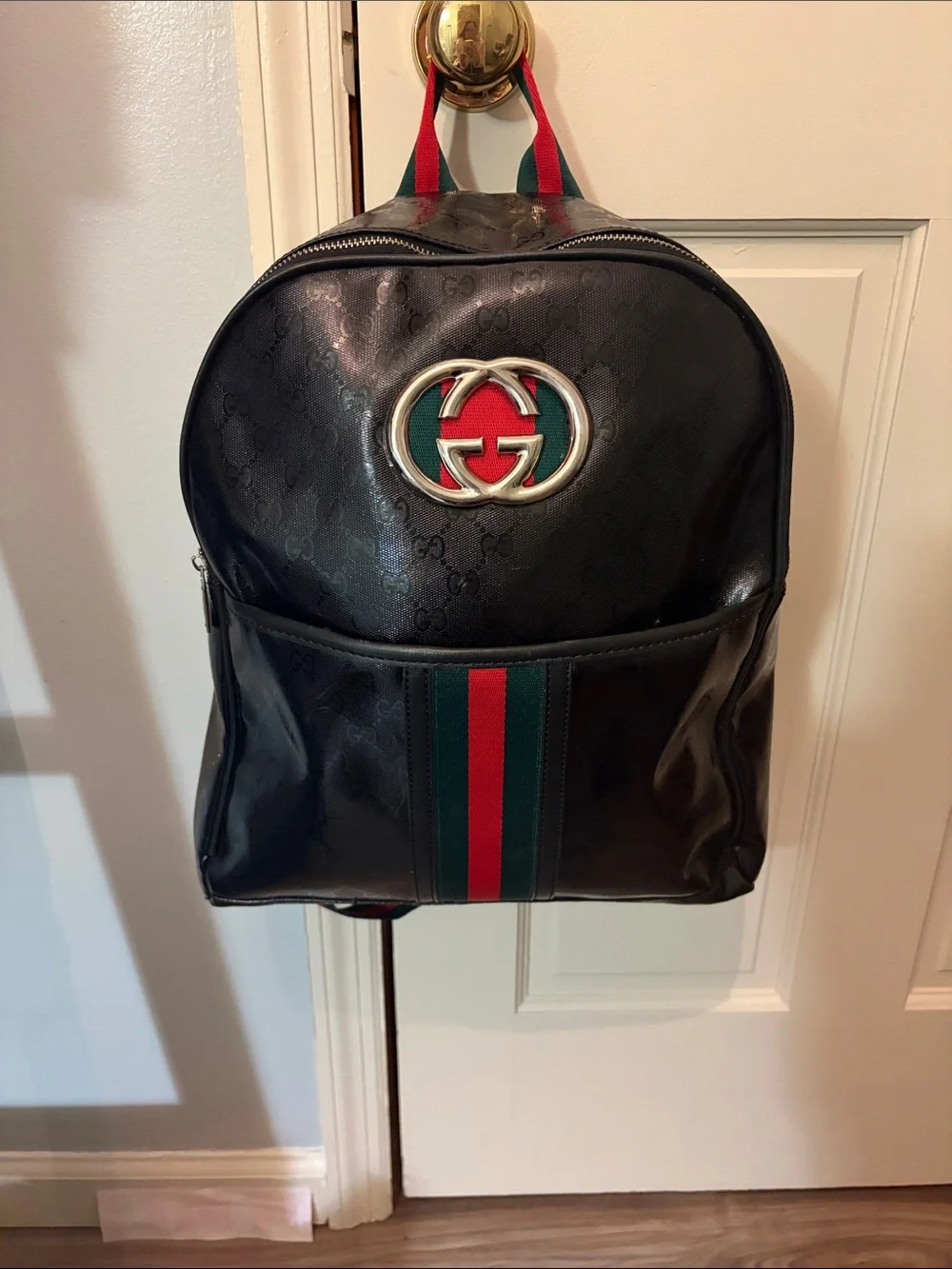 Gucci Black Leather Backpack with Green & Red Stripe